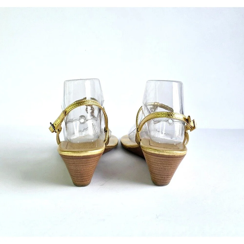 TORY BURCH Gold Emmy Wedge Sandals Metallic Leather Sz 10 Logo Ankle Strap
